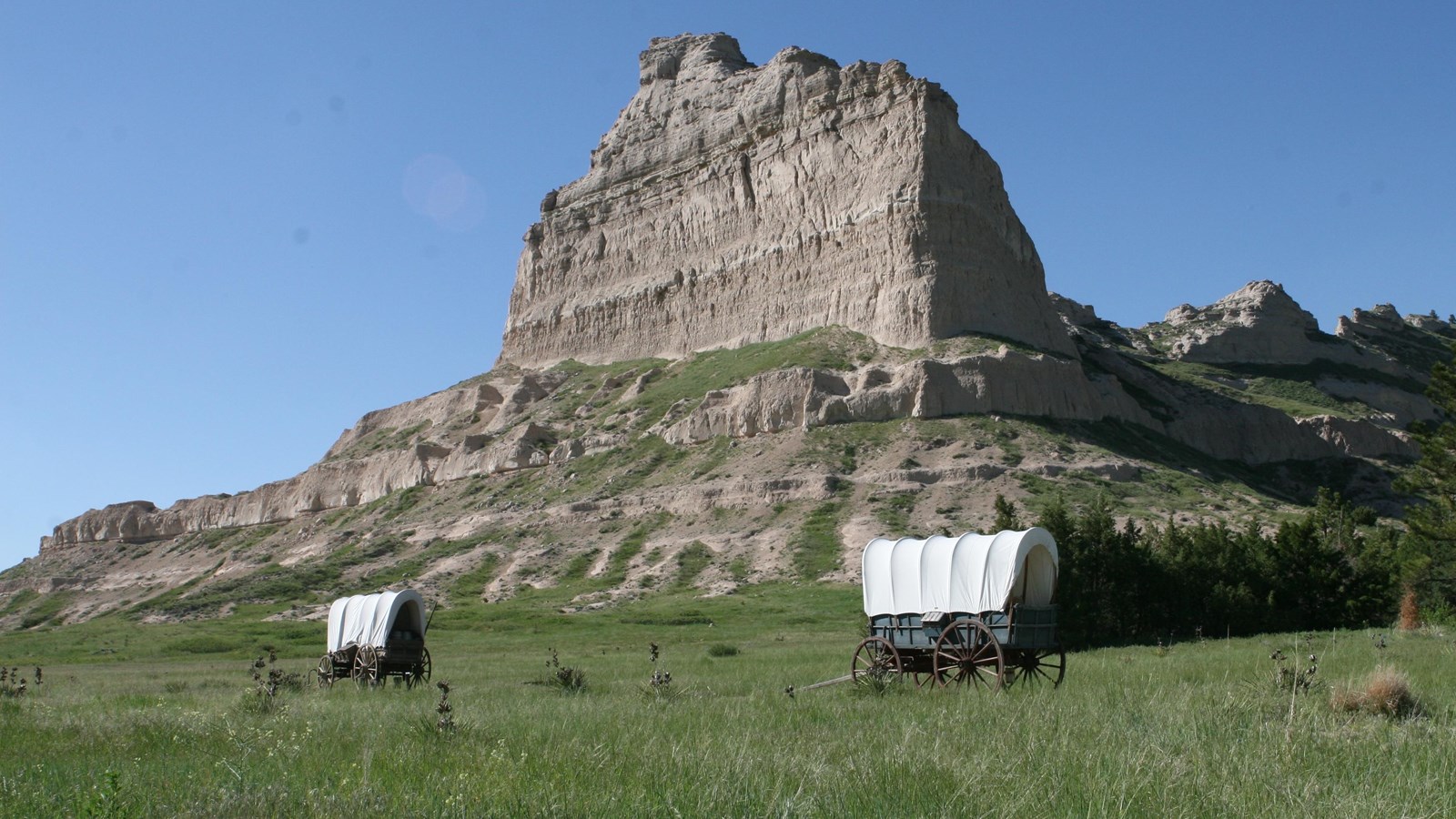 Two covered wagons sit in a grassy field in front of a large rock outcropping.