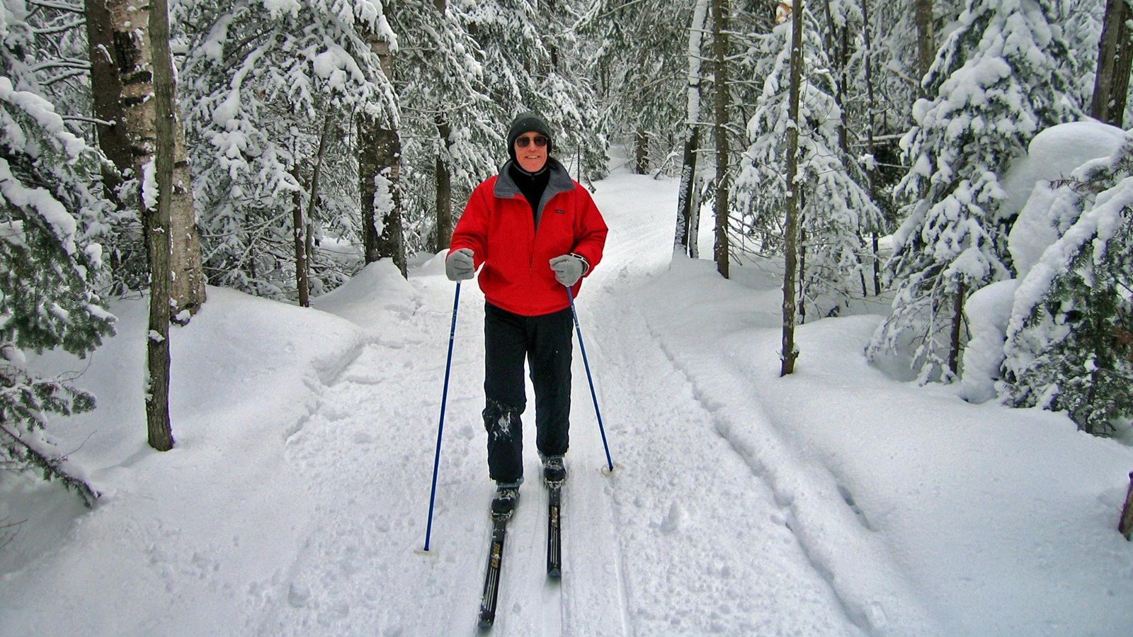 Skier in bright red jacket skiing on a snowy day