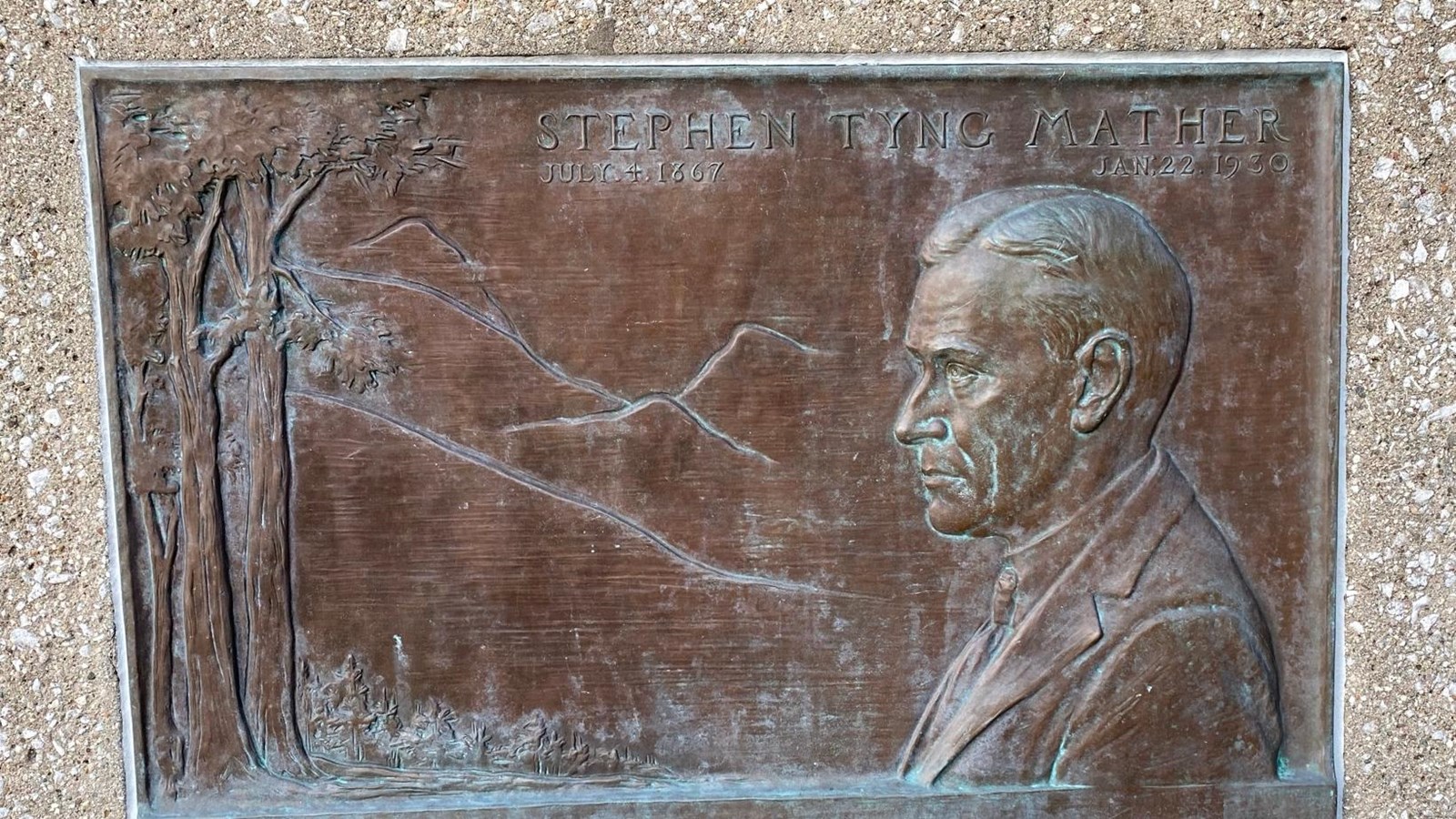 Bronze plaque with embossed relief image of Stephen Mather, profile view from the chest up.