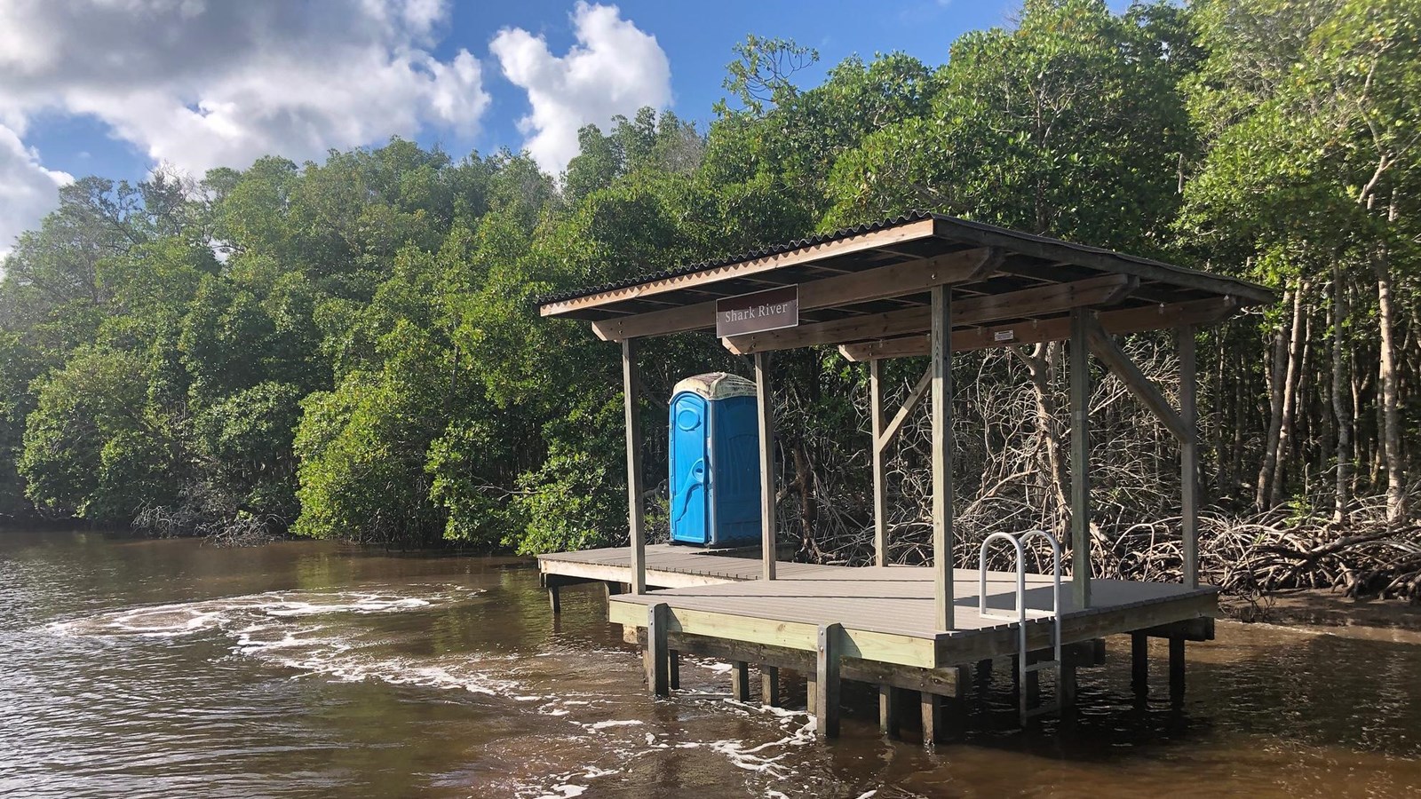 A roofed wooden platform with single, blue portable toilet. Green mangroves foliage is behind it