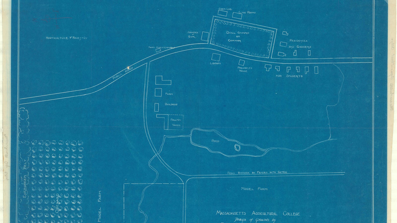 Blueprint of two roads with buildings on side, a pond, a pasture and orchard