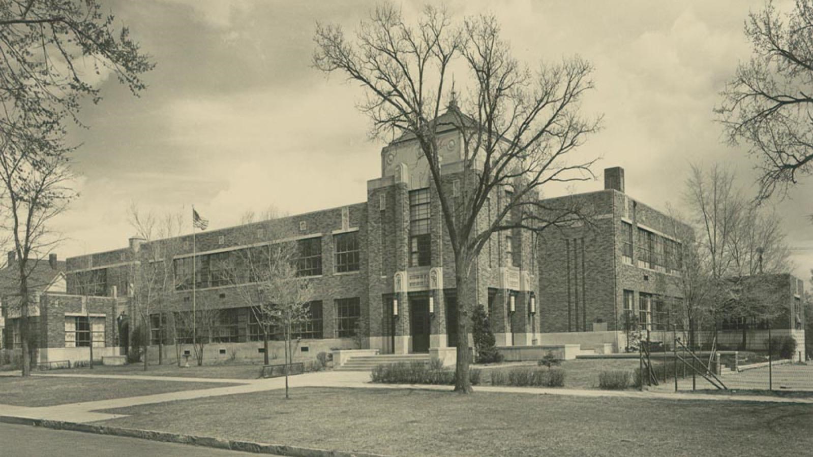 A black and white image of the Sumner Elementary School.