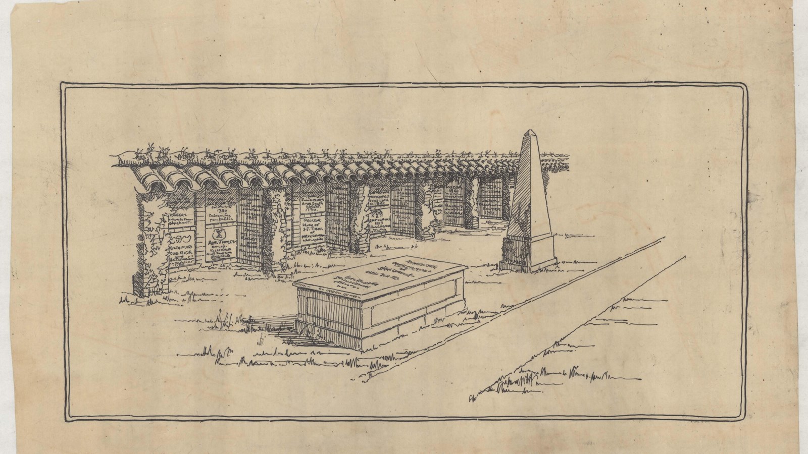 Pencil drawing of wall with writing on it, large casket like box in front with obelisk next to it