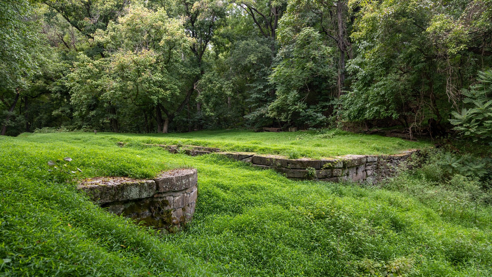 Stone structures peak out from a grassy hill. 