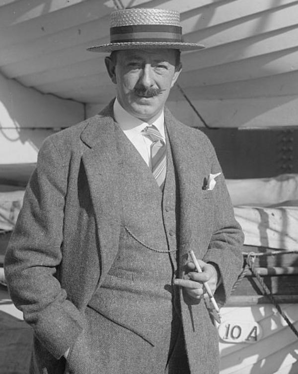 Black and white photo of Fred Hirons wearing a three-piece-suit and boater hat.
