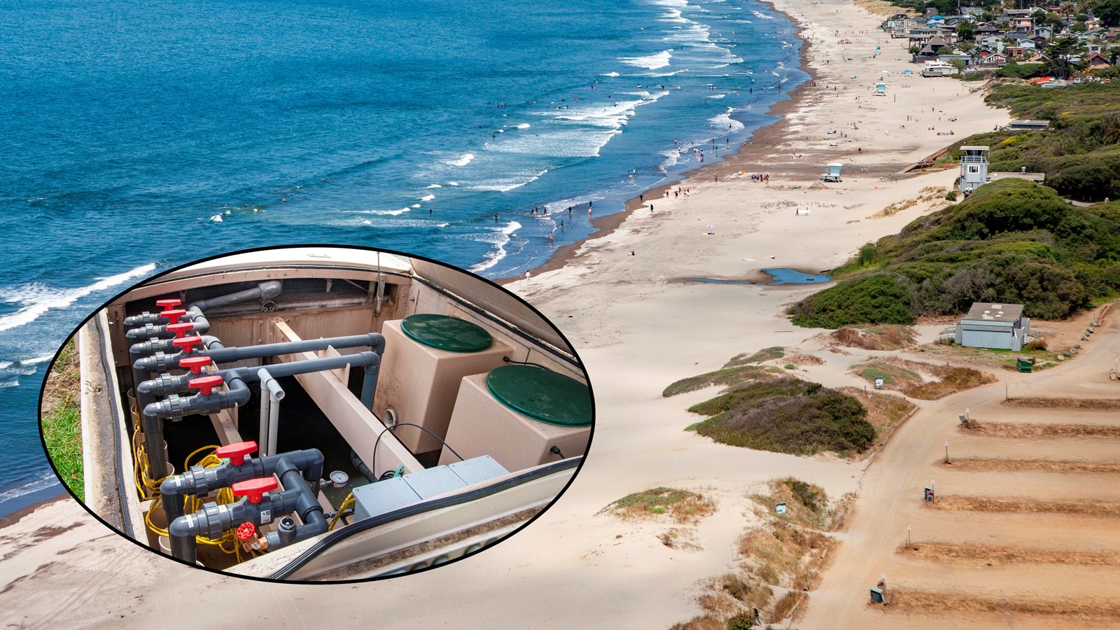 Colored image of Stinson Beach with an inset image of the wastewater treatment system