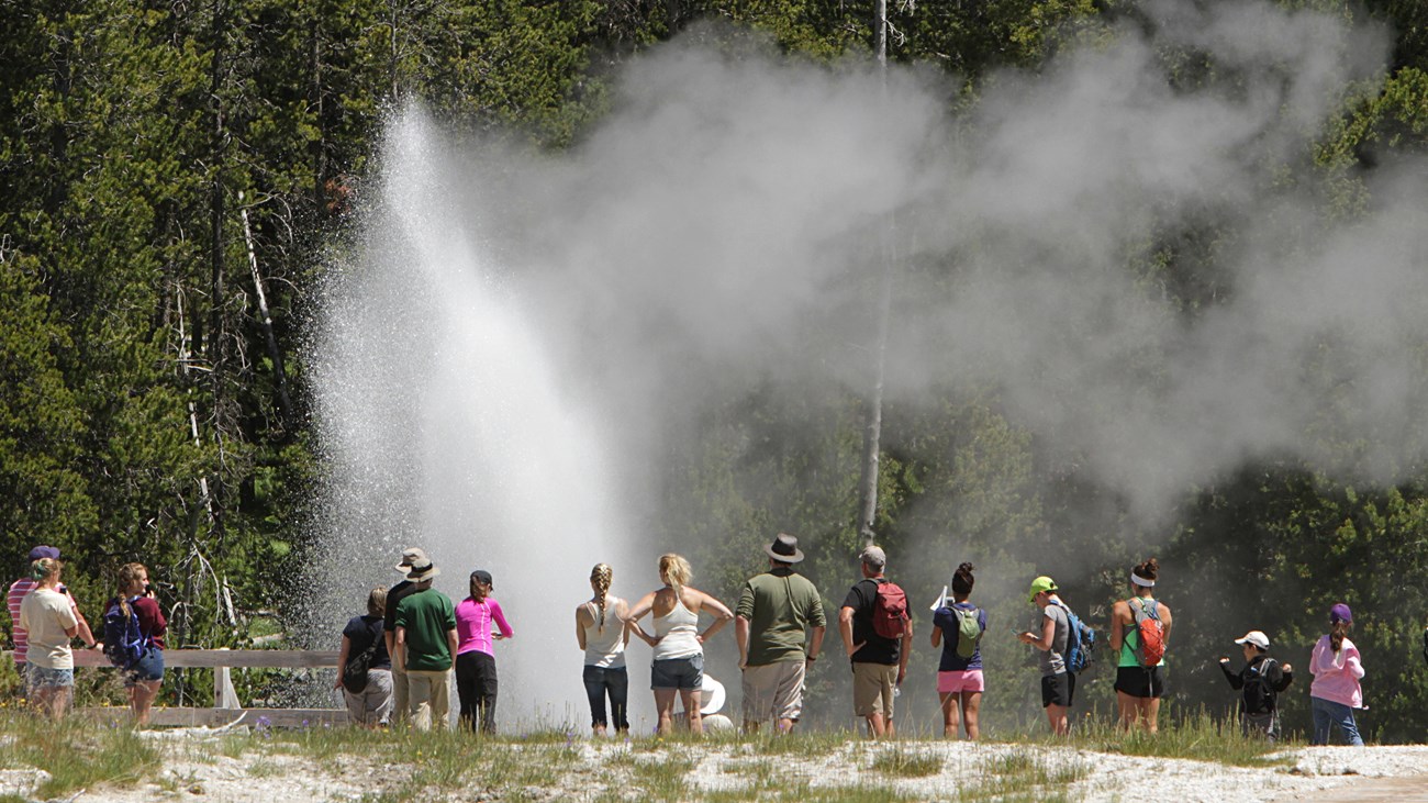 Water and steam erupt up out of the ground as people stand on a boardwalk and watch.