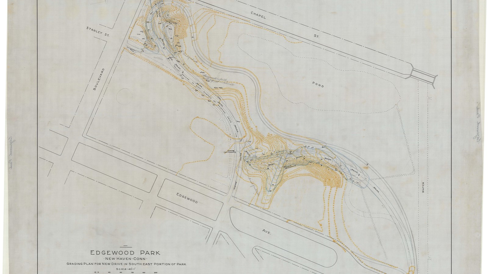 Pencil plan of park in between three streets with open space and pond