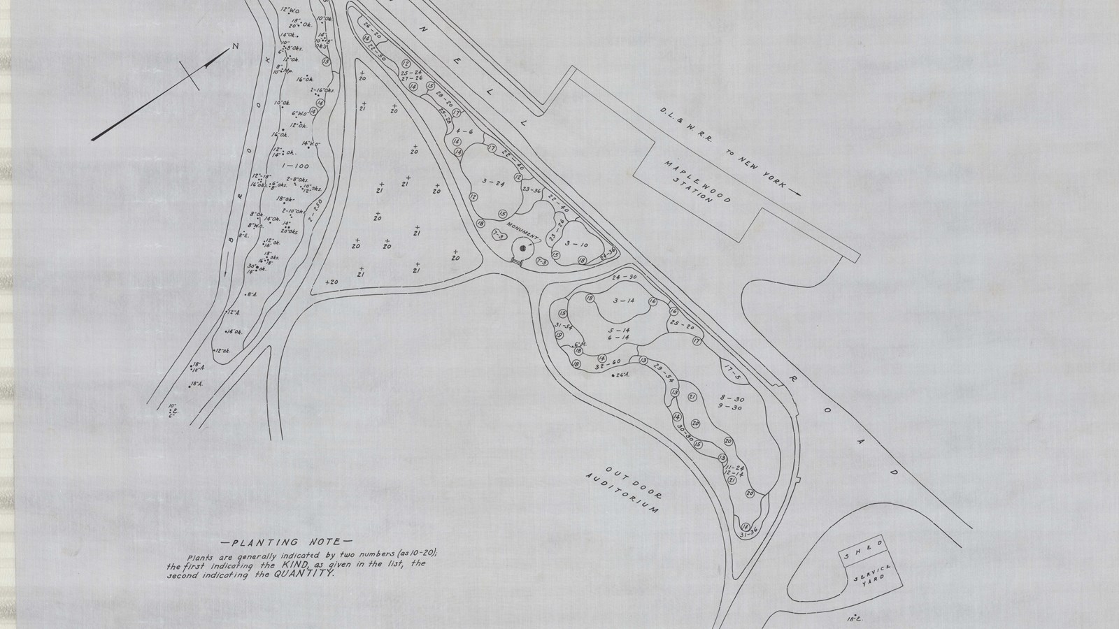 Pencil plan of park with numbers showing where to place plants
