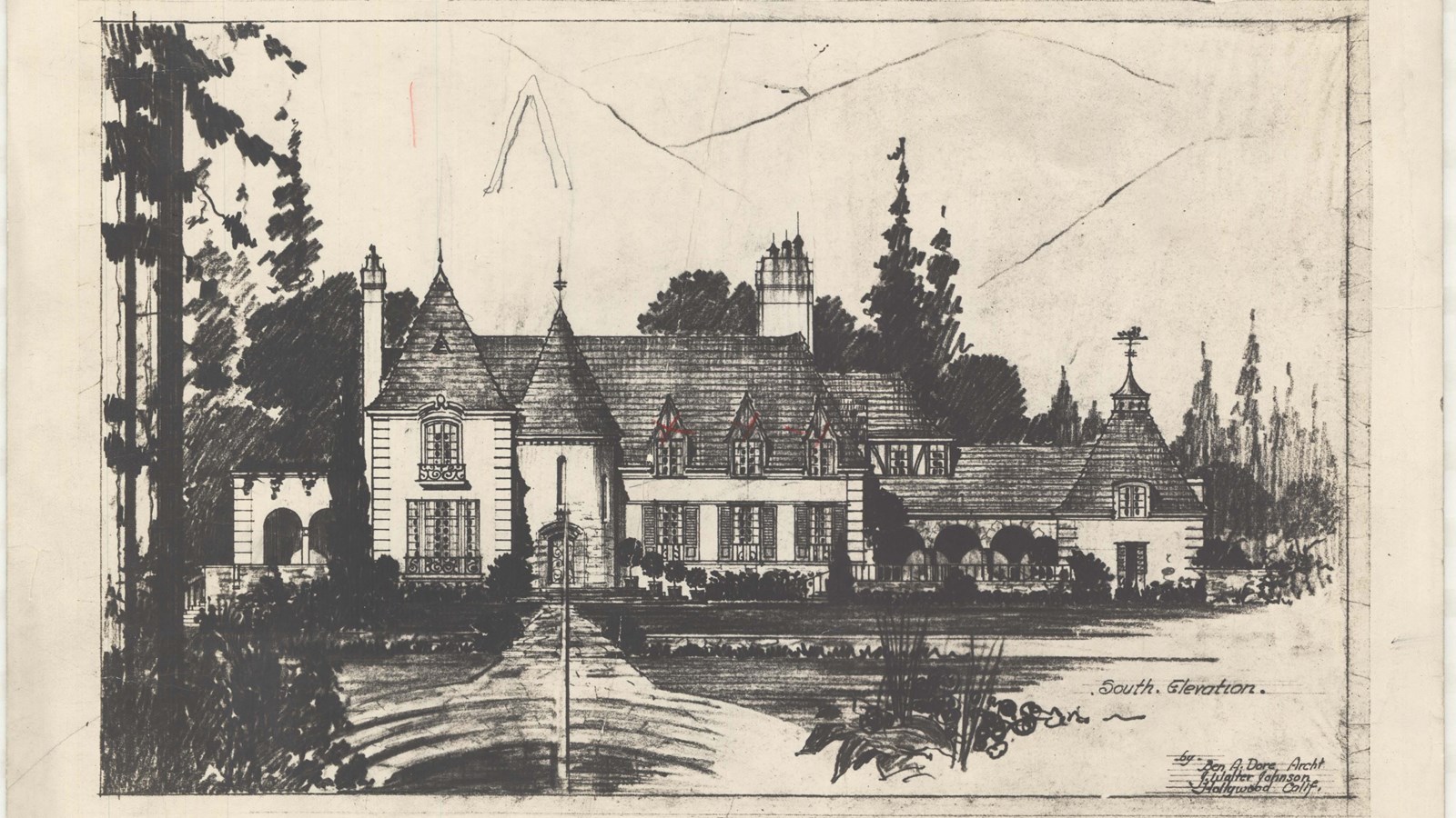 Pencil drawing of large home with flat grassy area in front with some trees