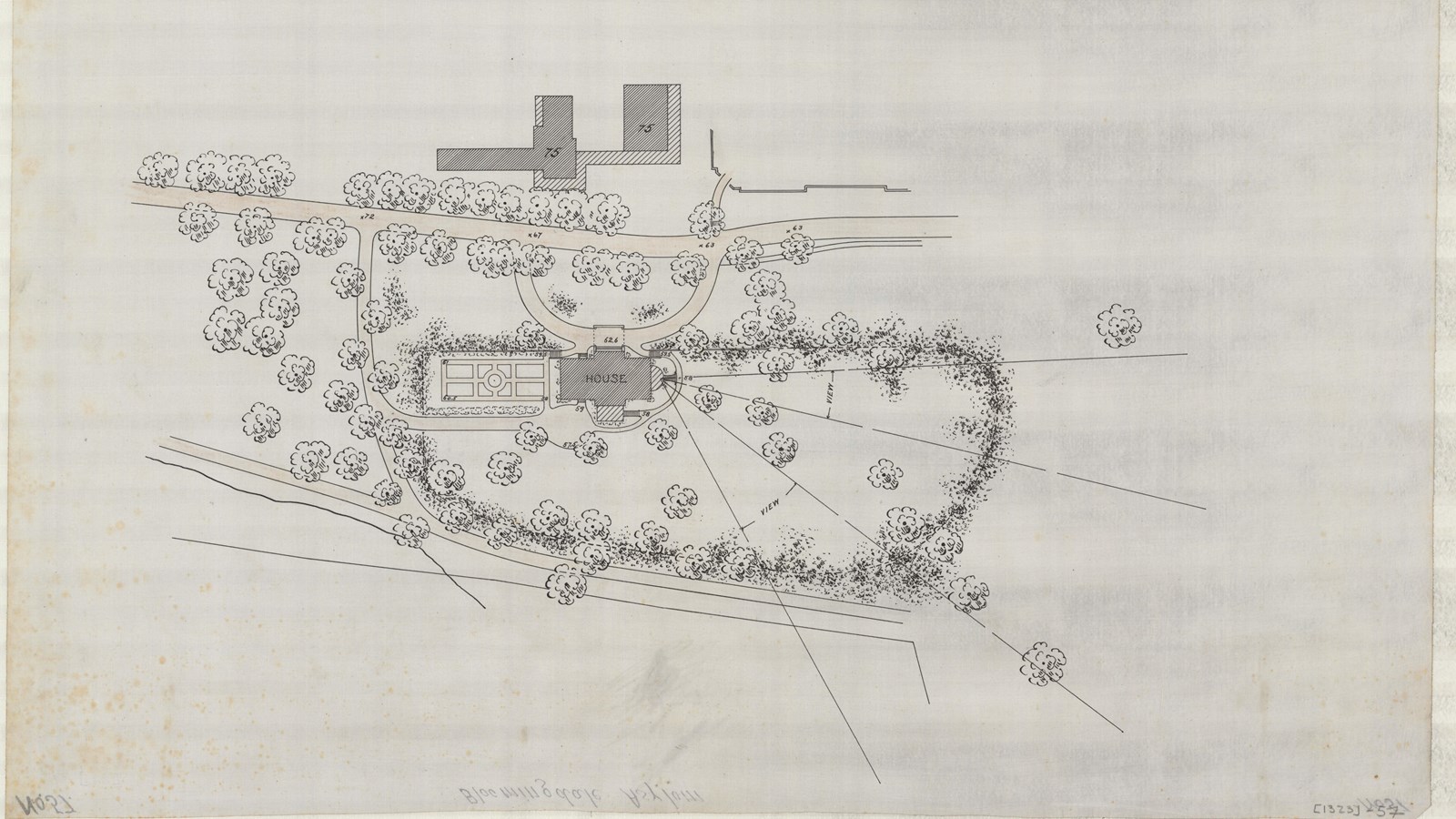 Pencil plan of large building with trees along road and trees behind building 