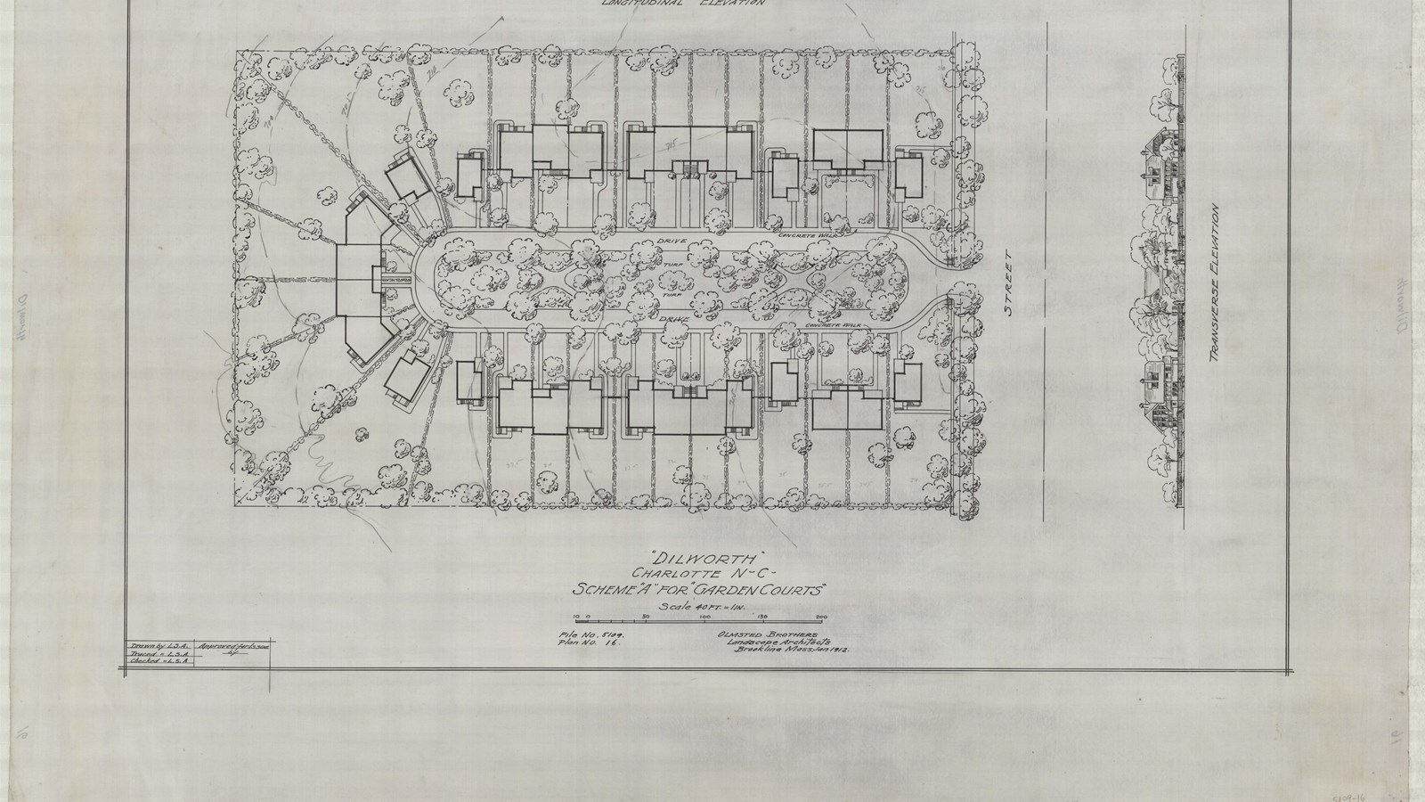 Pencil plan of oval green space with trees, with lots for homes around the green space