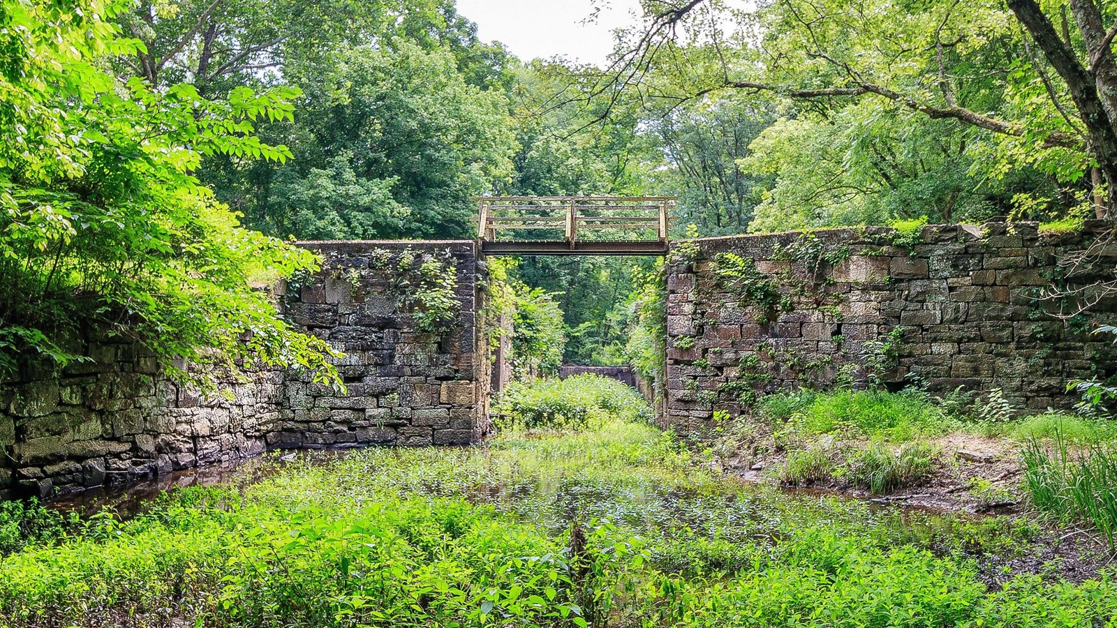 A look through a grass covered lock with a foot bridge connecting the stone lock walls.