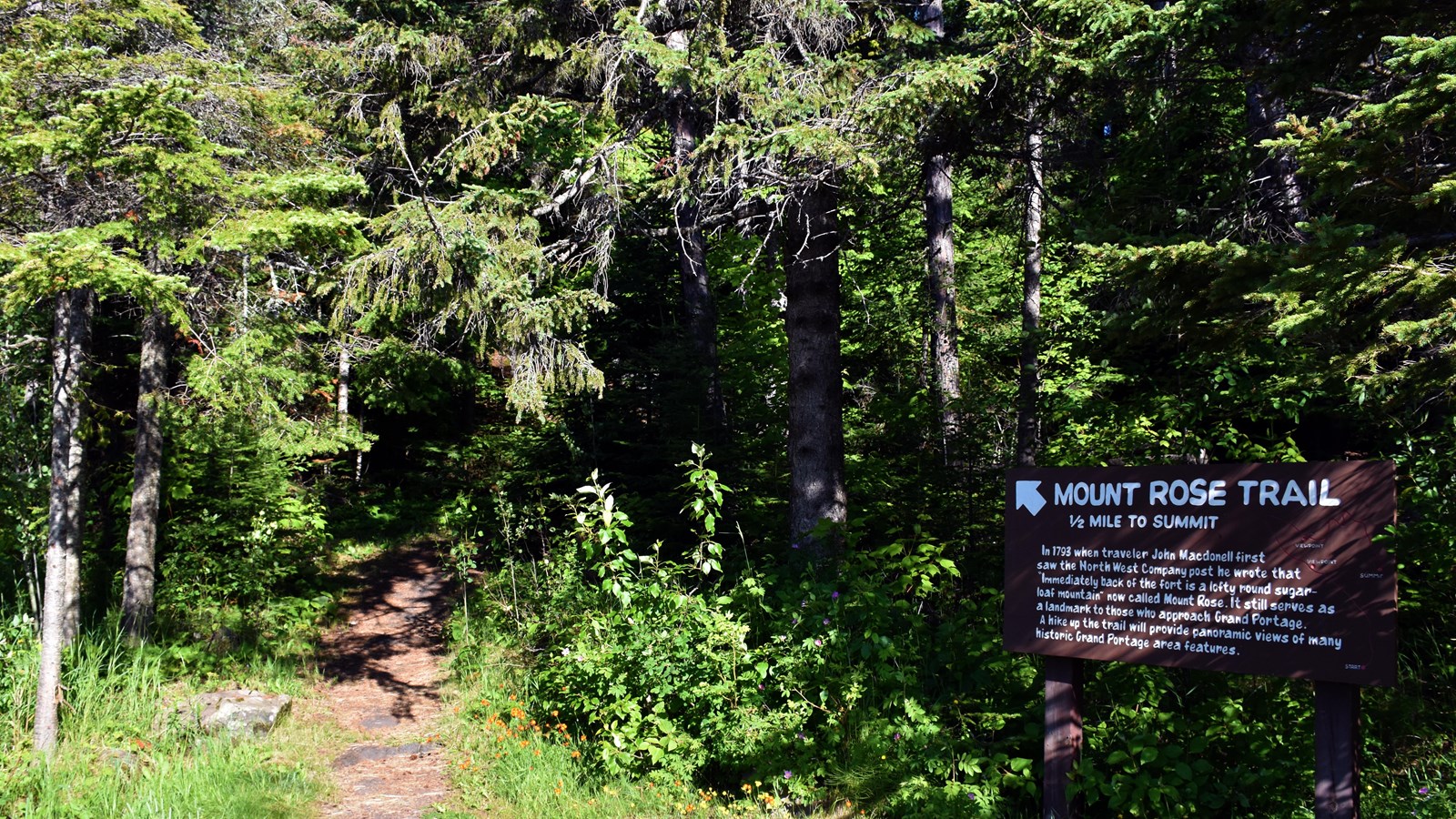 A tree-shaded path with a descriptive sign.