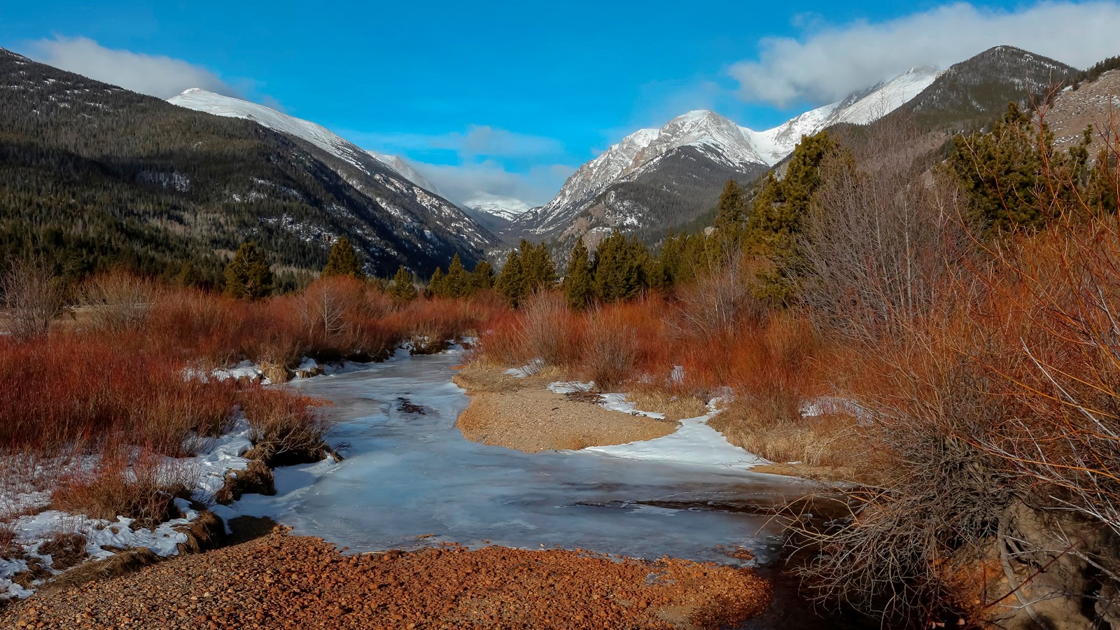 an icy river winds through shrubbery