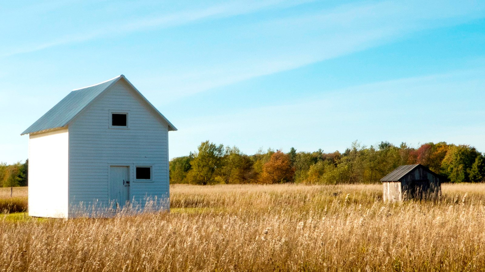 Small, white wooden building in field of dry grasses. A smaller outbuilding sits to the far right