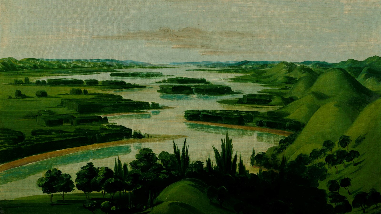 Painting of verdant river valley, with grassy hills on either side and forested islans in the river\'
