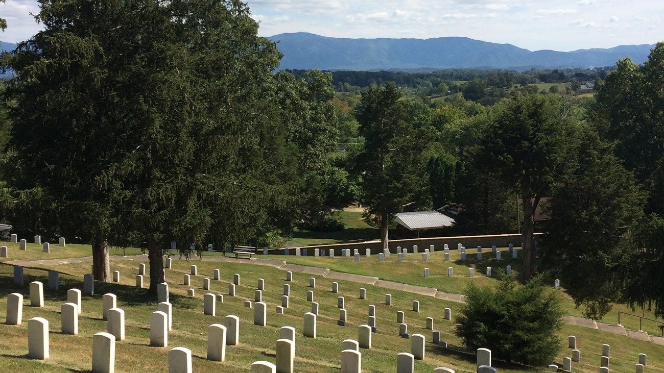 A view of veteran headstones with the Appalachian mountains in the distance