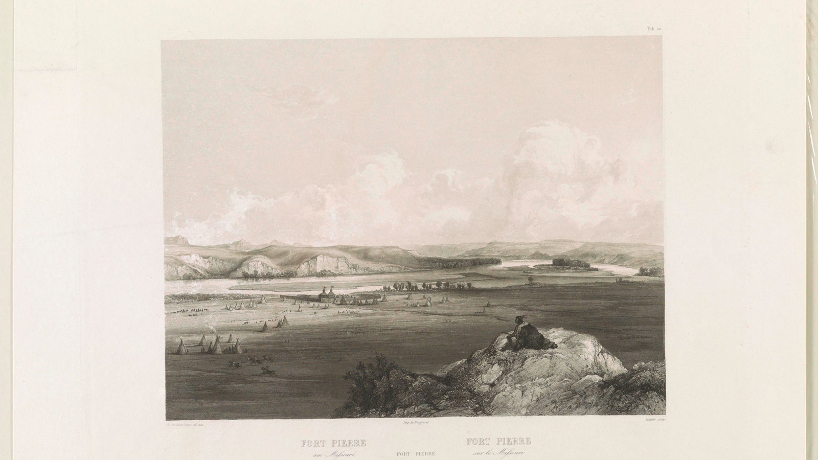 Illustration likely completed by Charles Bodmer in the 1830s showing Fort Pierre.