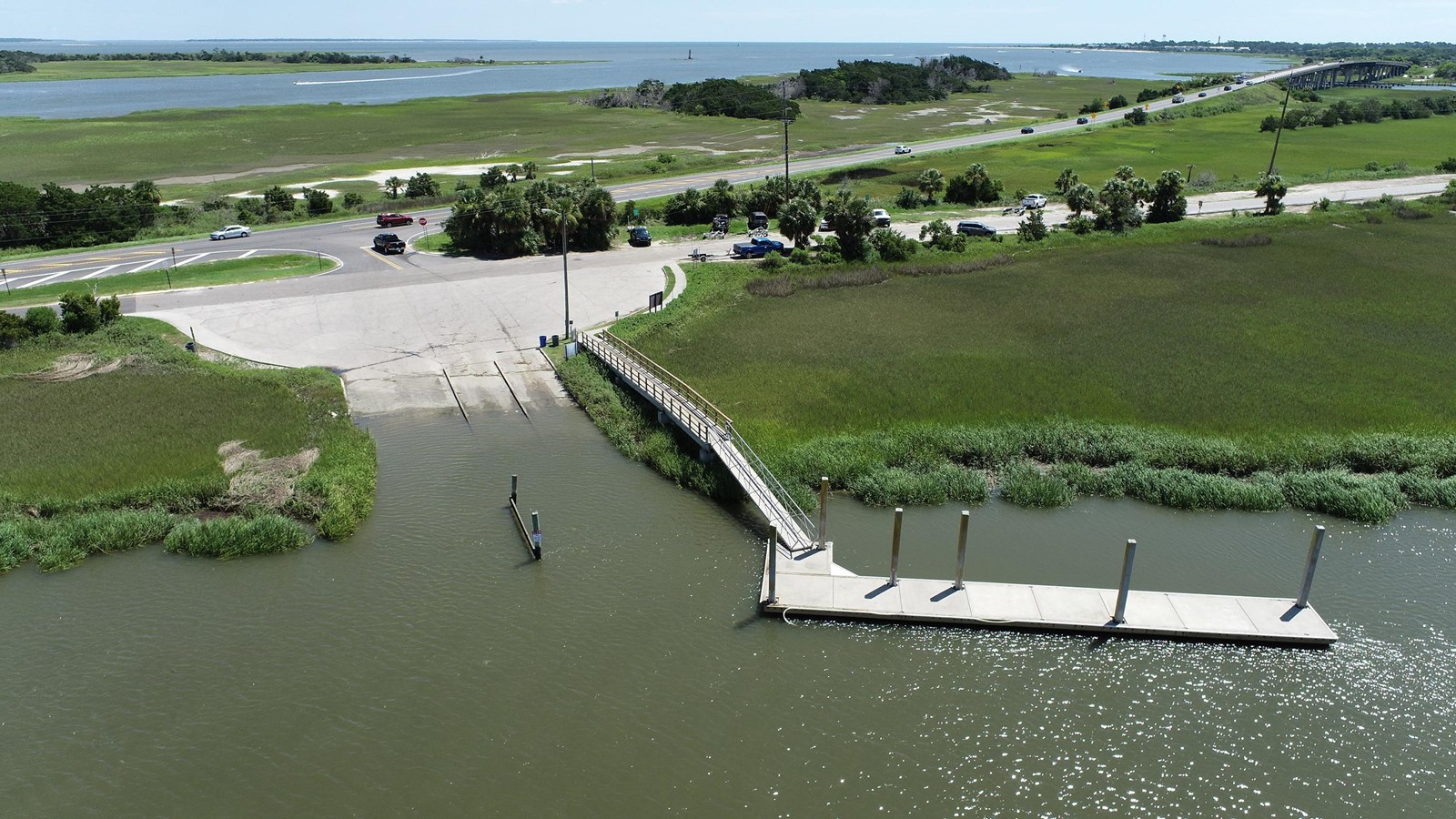 Aerial image of a boat ramp and pier and dock along Lazaretto Creek. 