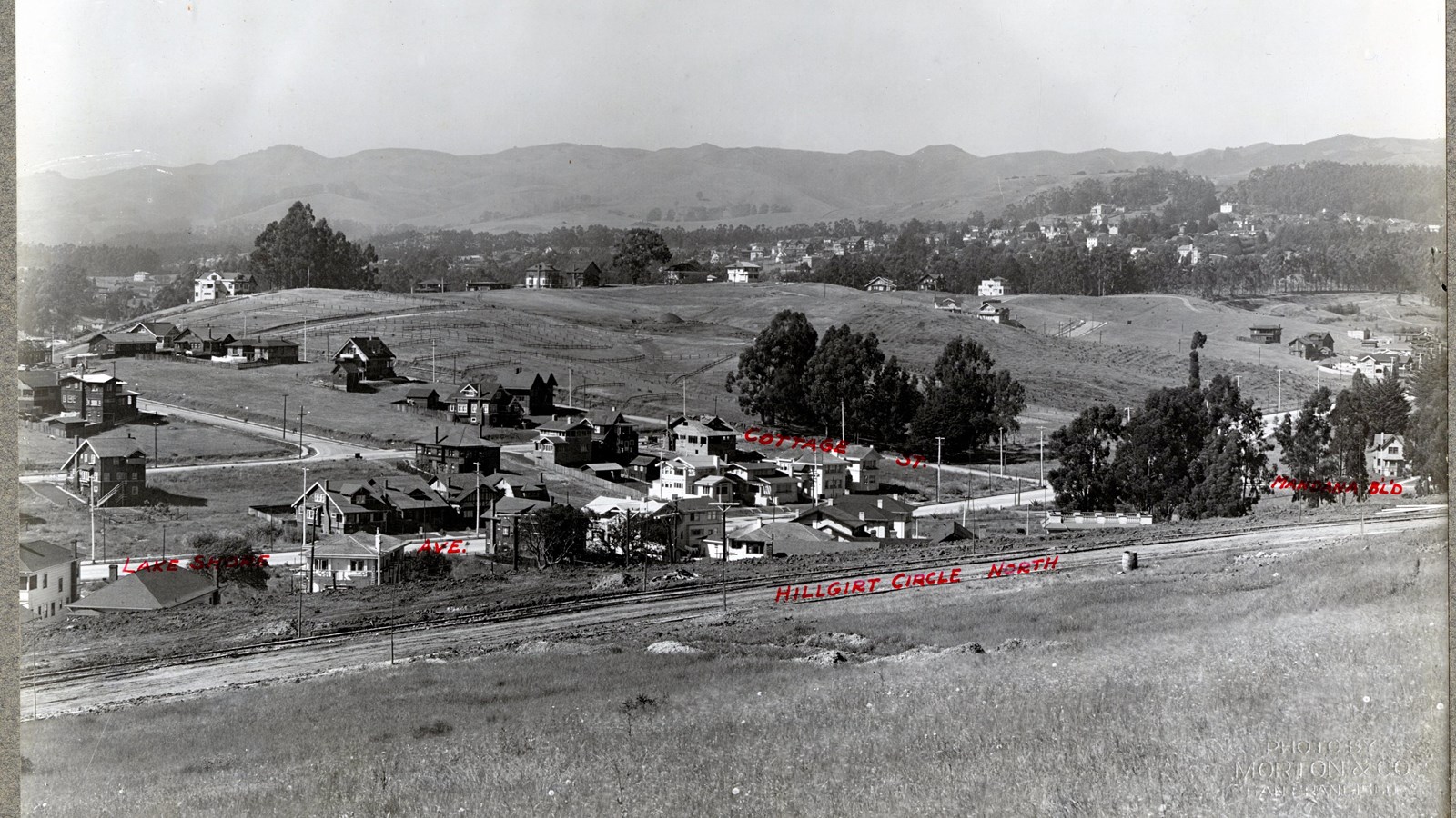 Black and white of grassy area with many homes and streets intersecting, mountains in distance