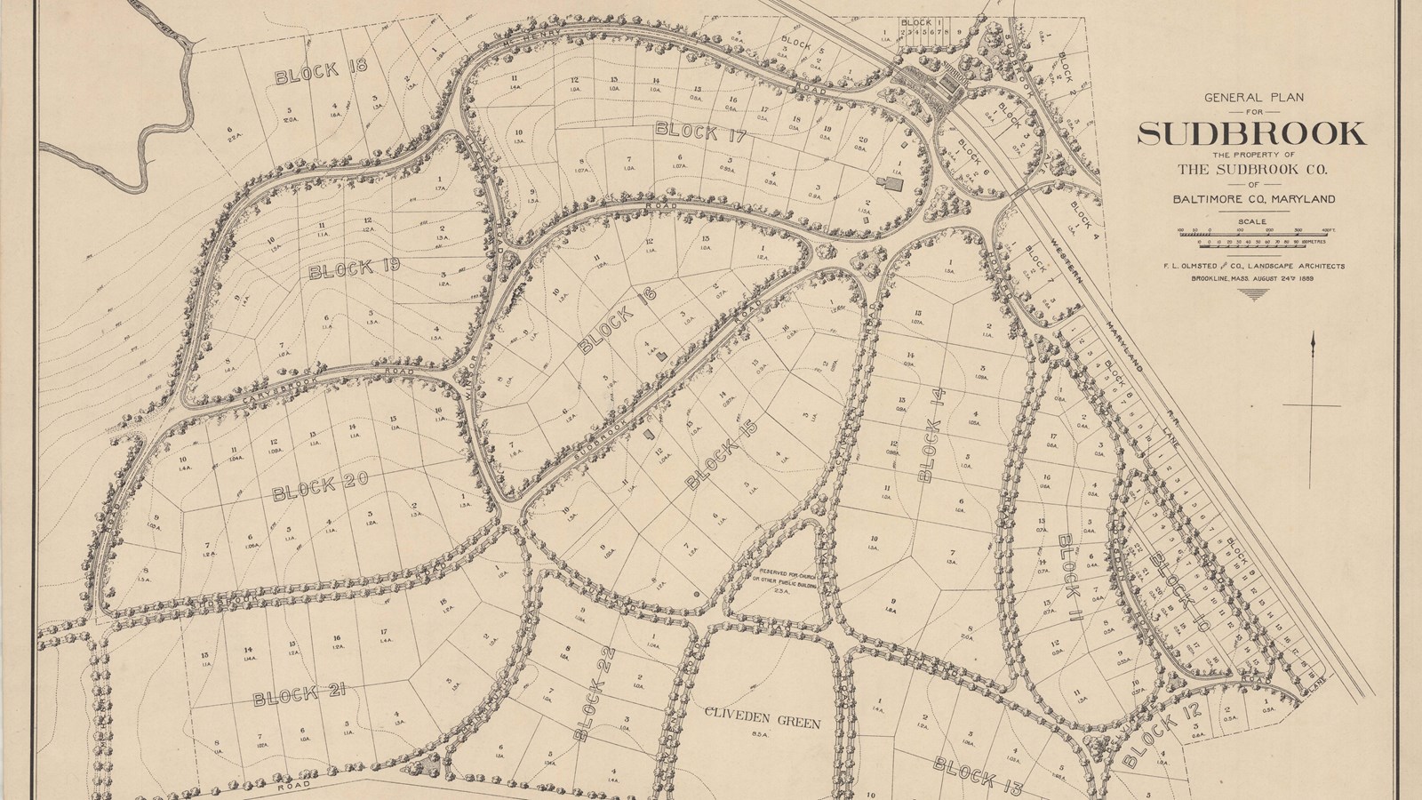 Plan of community with tree lined curving roads, lots for homes in between