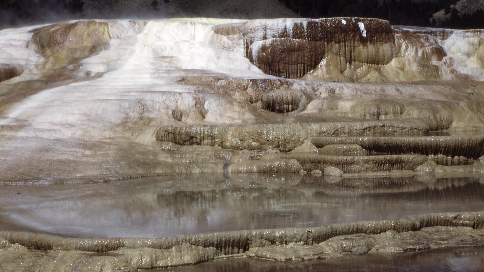Water cascades down a series of white and gray terraces.