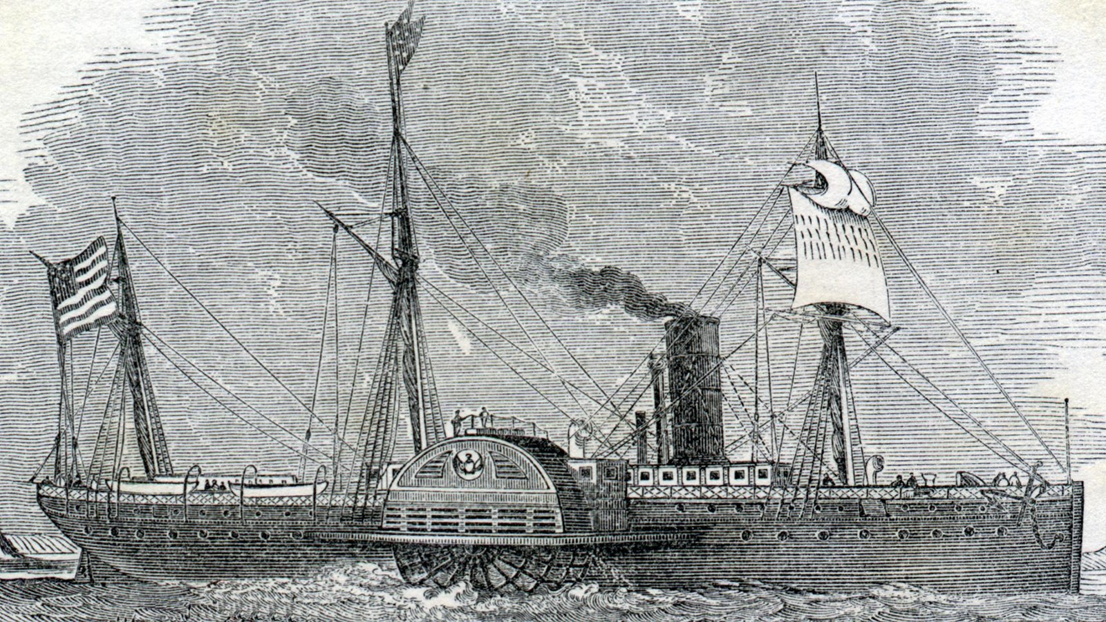 Drawing of paddle wheeled steam ship. Paddle wheel of Winfield Scott underwater. 