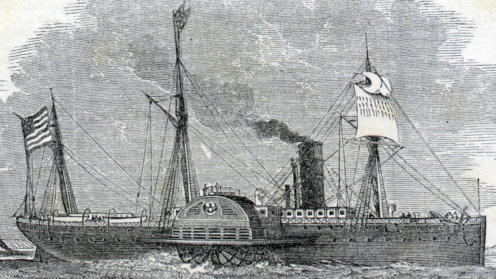 Drawing of paddle wheeled steam ship. Paddle wheel of Winfield Scott underwater.