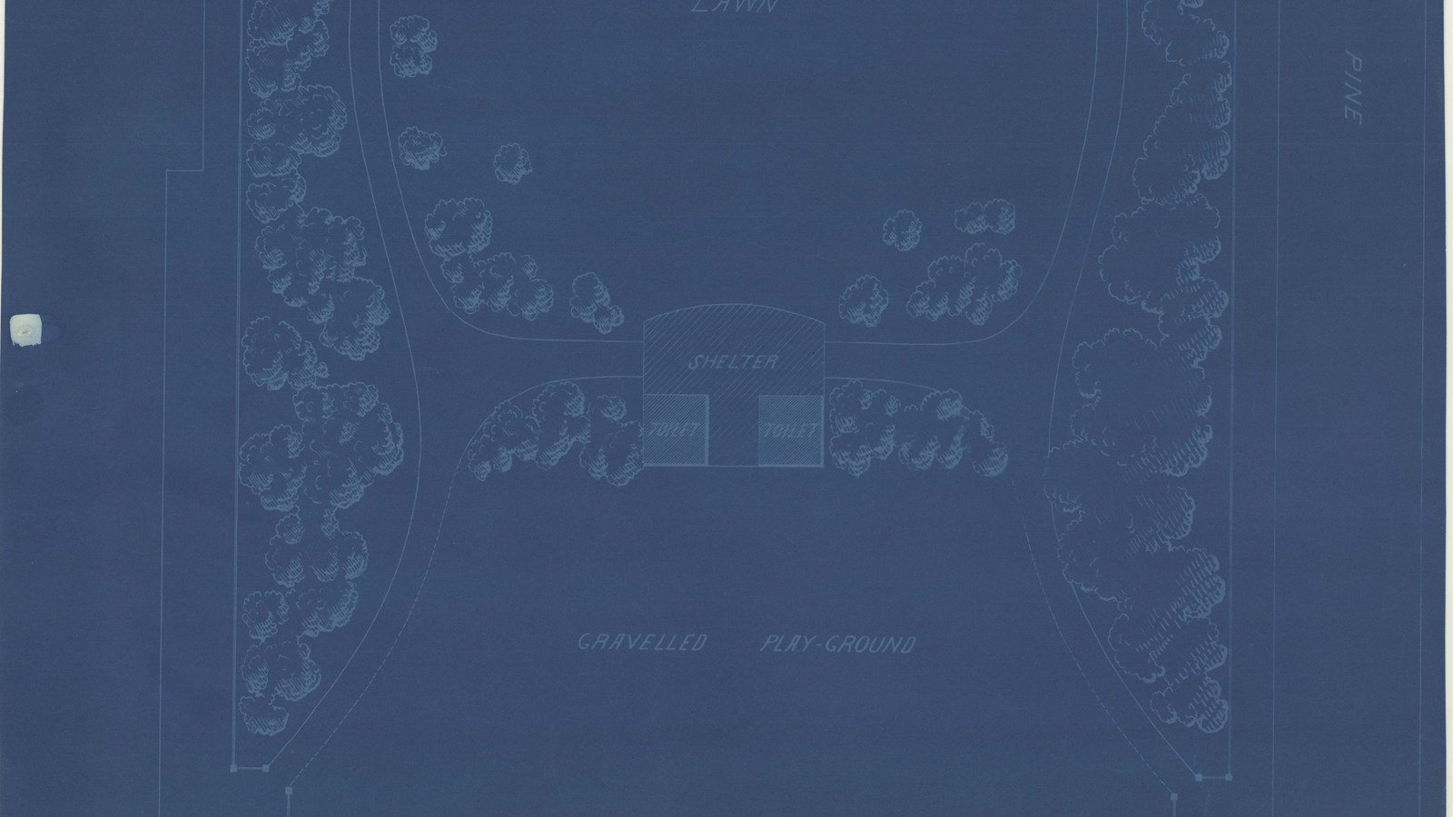 Blueprint of rectangular park with curving paths through it and lined with trees