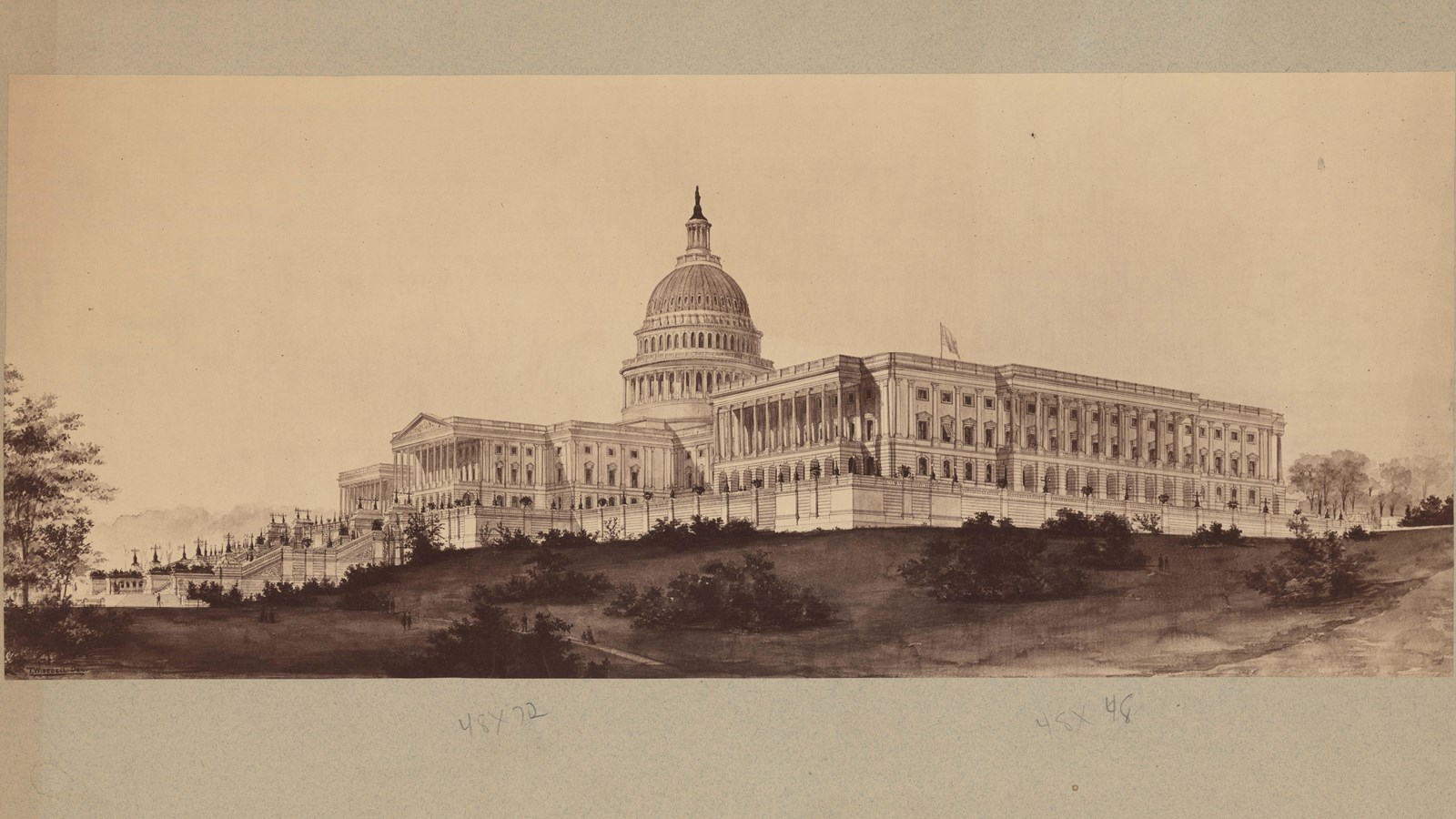 Pencil drawing of large symmetrical building with dome on top on grassy hill with shrubs around
