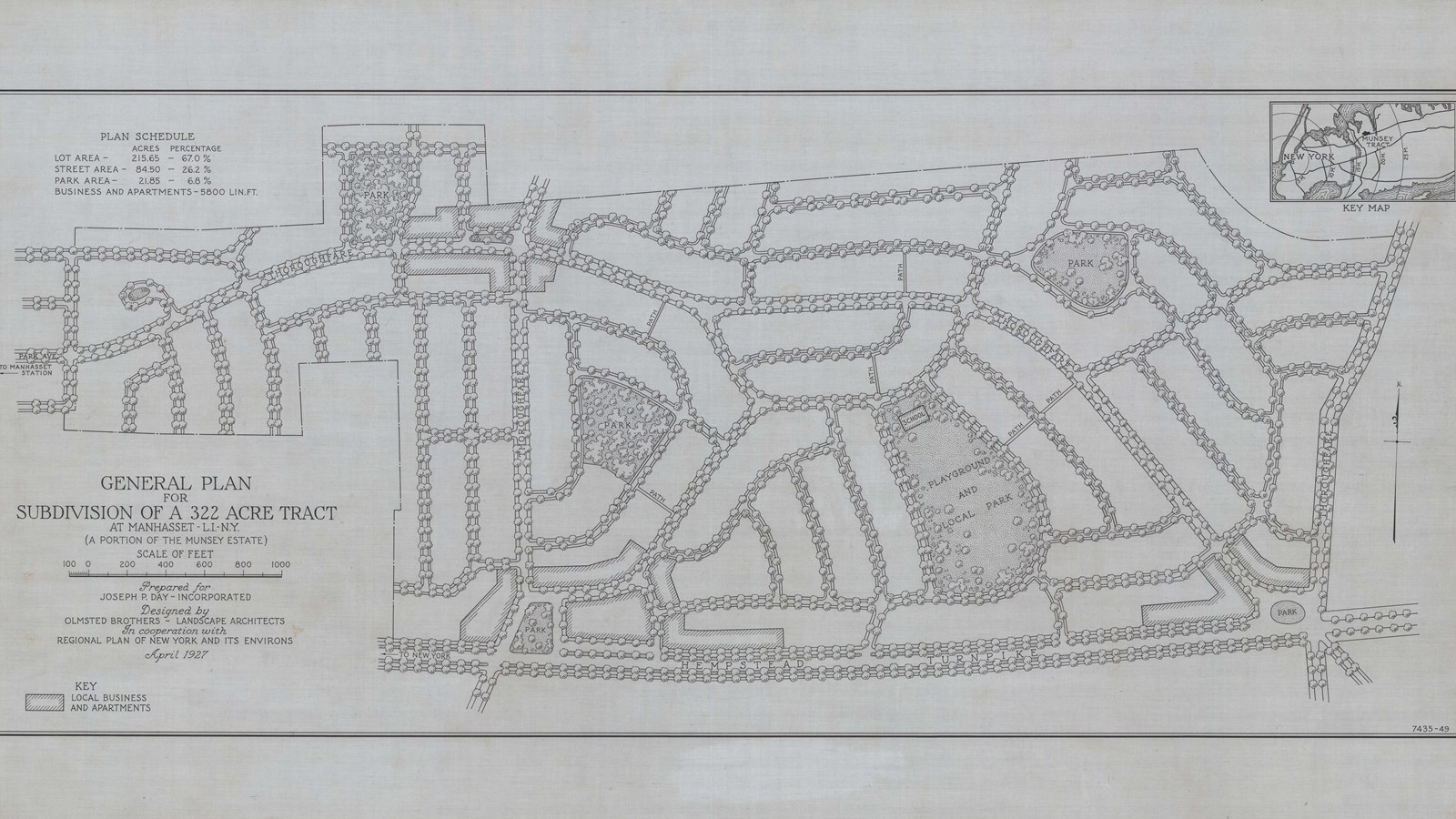 Pencil plan of community with lots of curving streets lined with trees and four park areas 