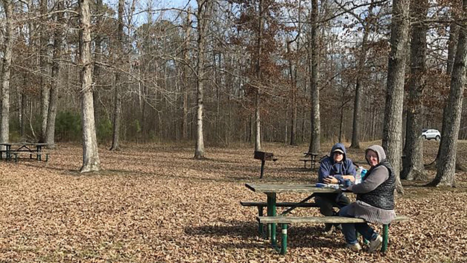 A picnic table with two people bundled in hats and coats eating, in a the midst of leafless trees. 