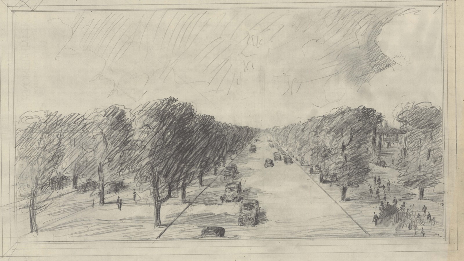 Pencil drawing of road with cars on it with grassy area on both sides with trees and people