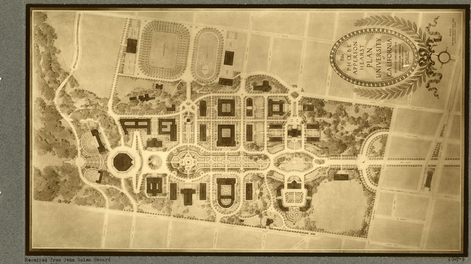 Plan of college campus of lots of buildings separated by trees and straight paths