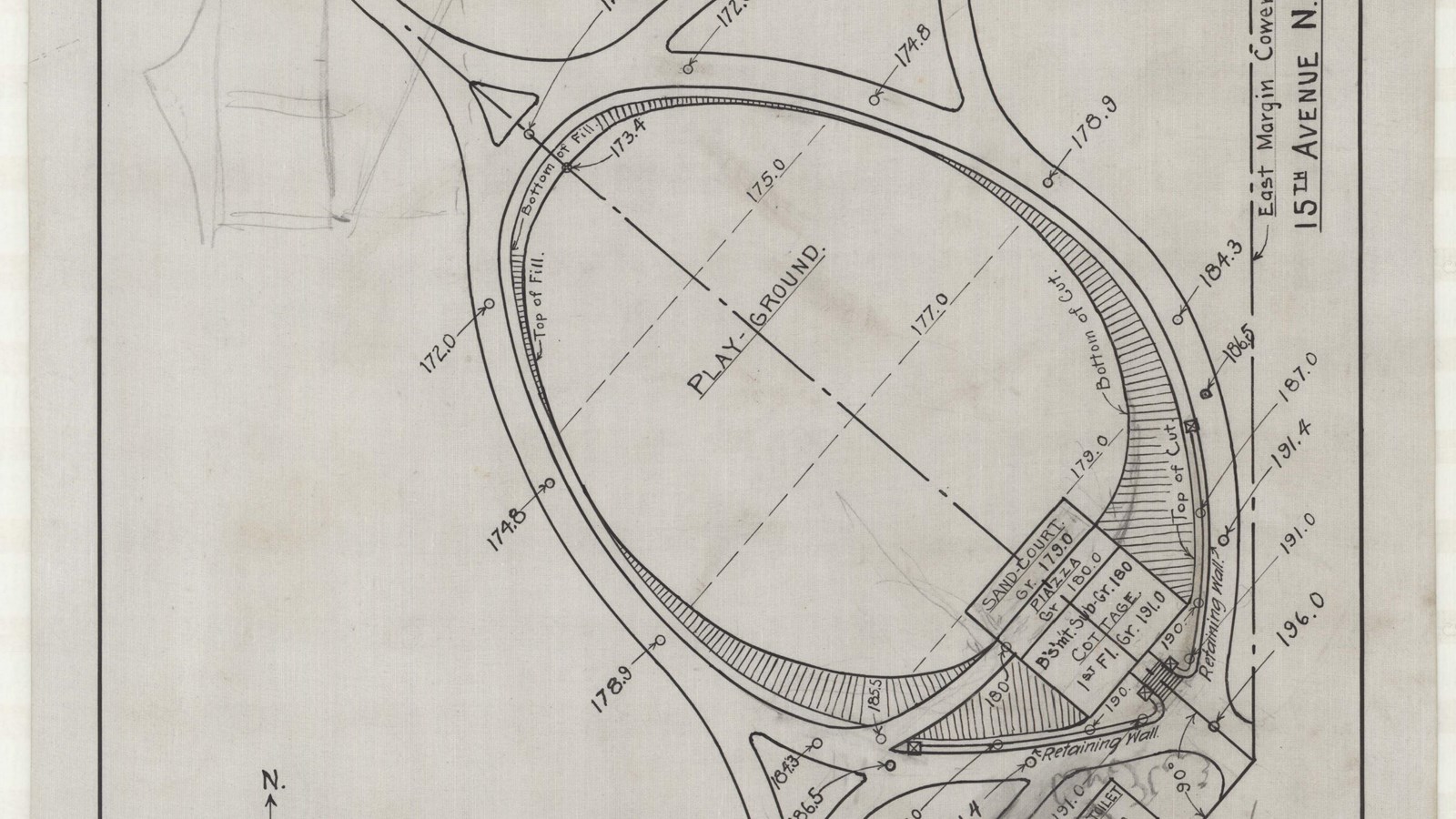 Pencil plan of circular park of oval with path around it and building on one end