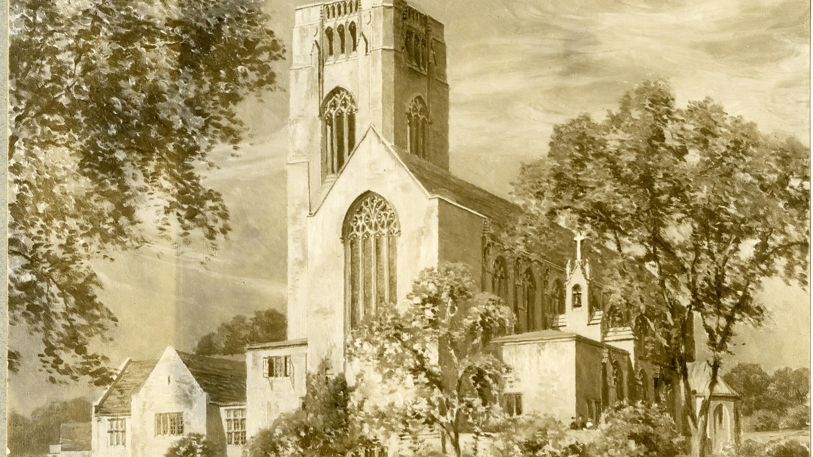 Pencil drawing of large church with trees and lawn all around building