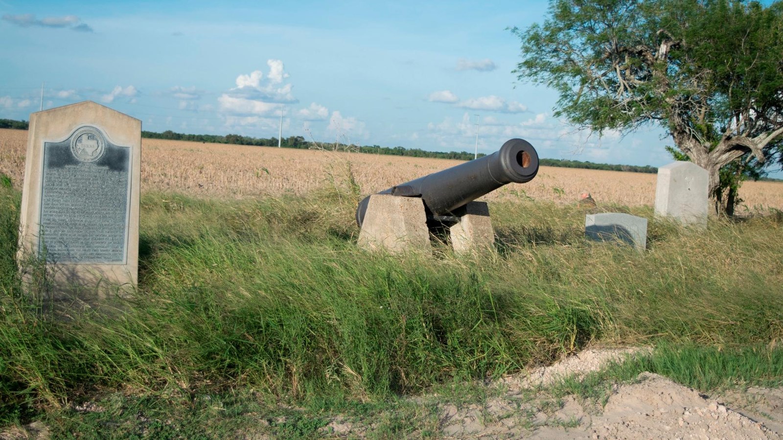 Roadside cannon monument to the skirmish at Rancho de Carricitos.