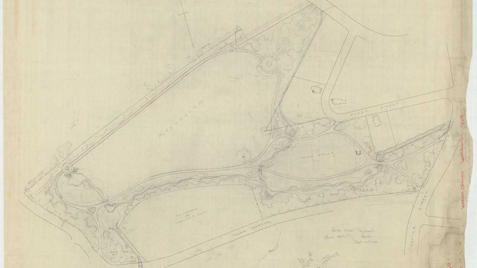 Pencil plan of park with three large open space separated by lines of trees 