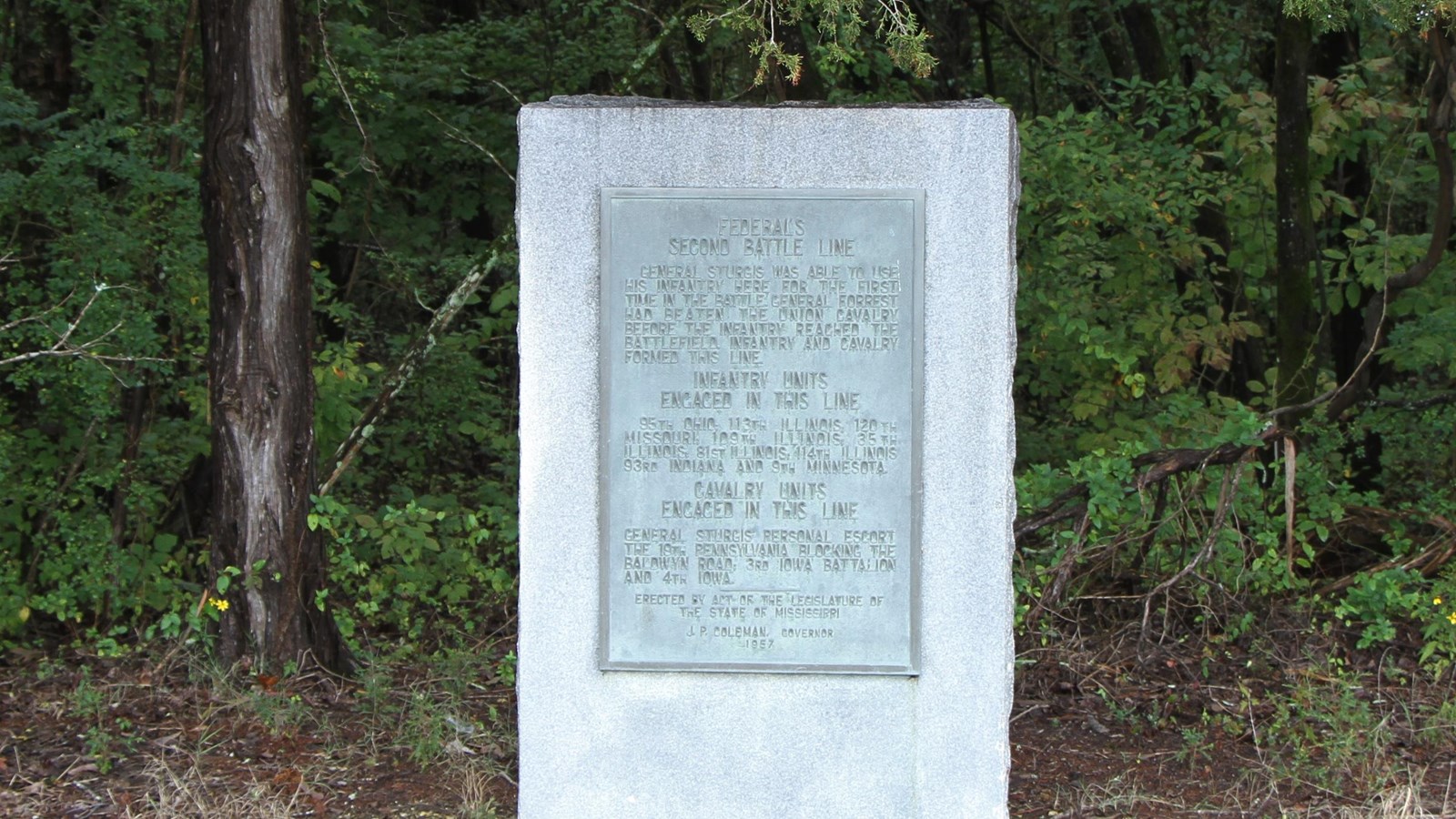 5 foot granite battlefield marker with brass information panel on the the front.