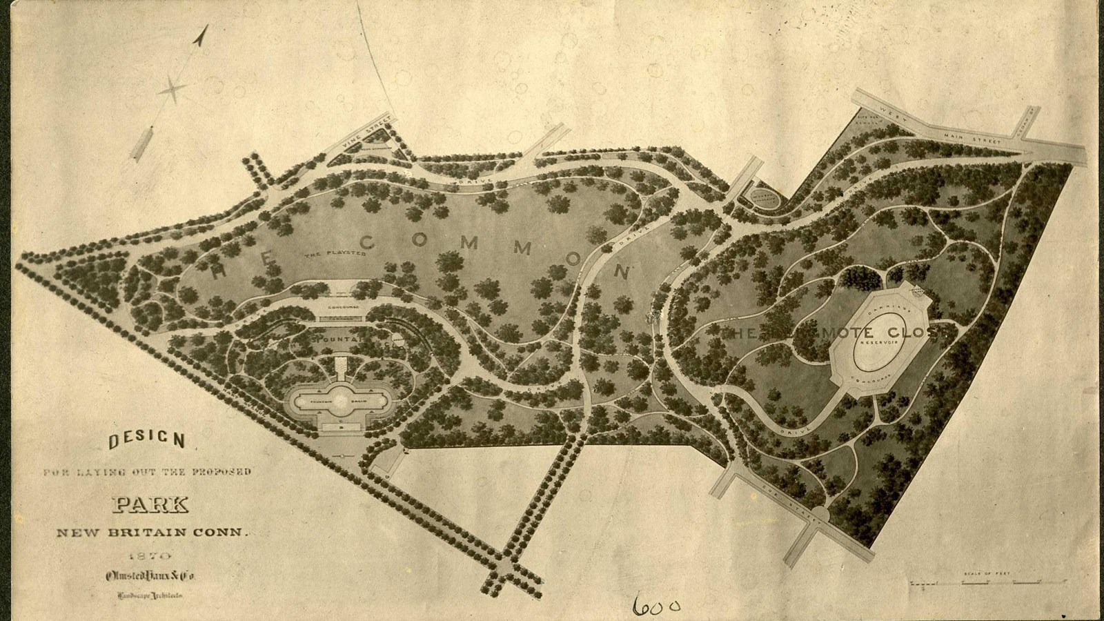 Plan of park with open grassy common area, curving paths with lots of trees around them