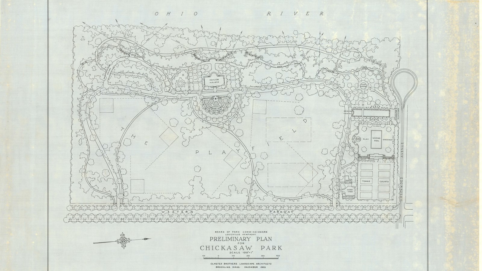 Pencil drawing of rectangular park with buildings, open playfield, tree lined paths