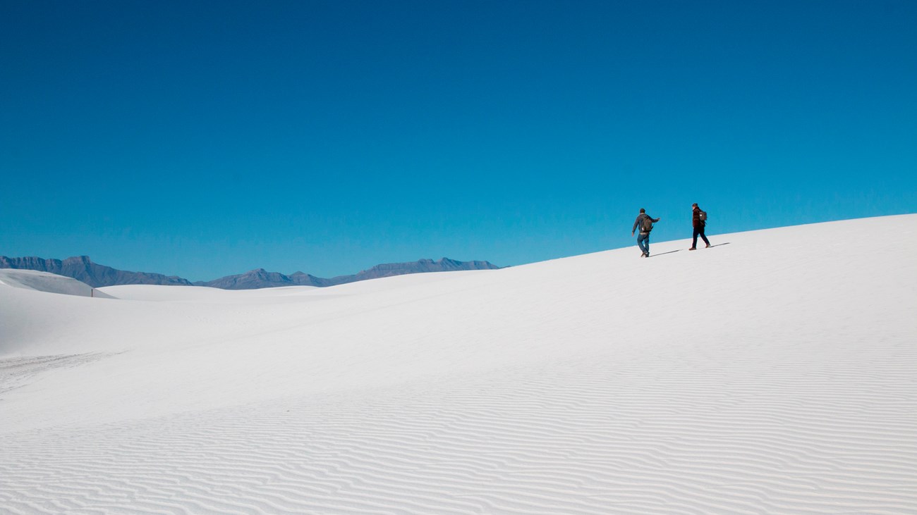 Two people silhouetted on top of a white dune with blue sky overhead