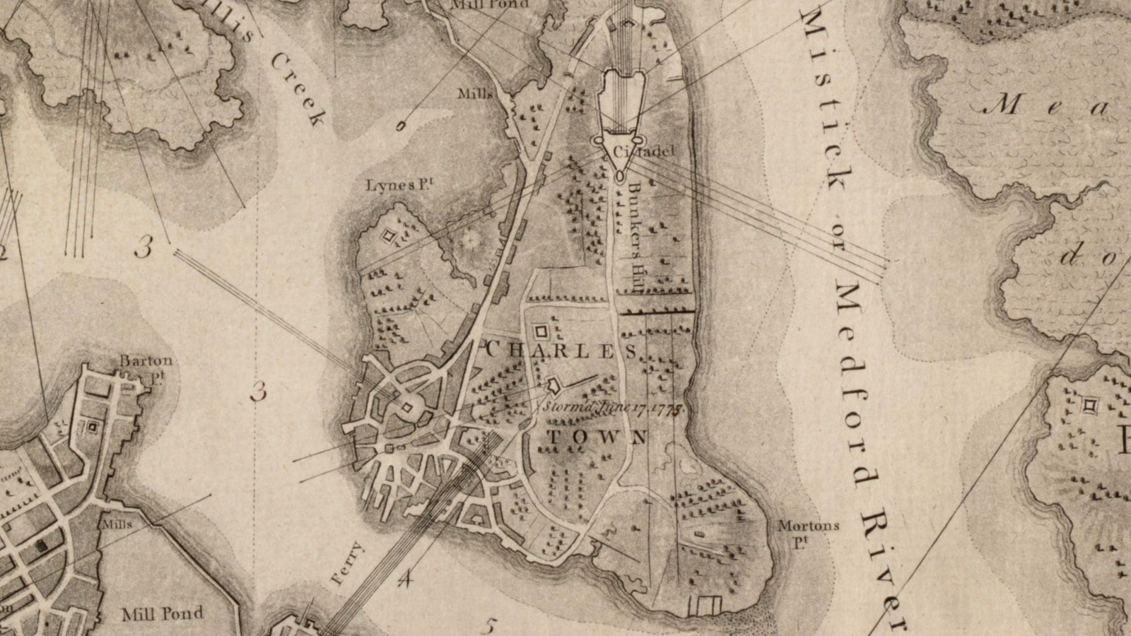 Historical map featuring military works in Charlestown.