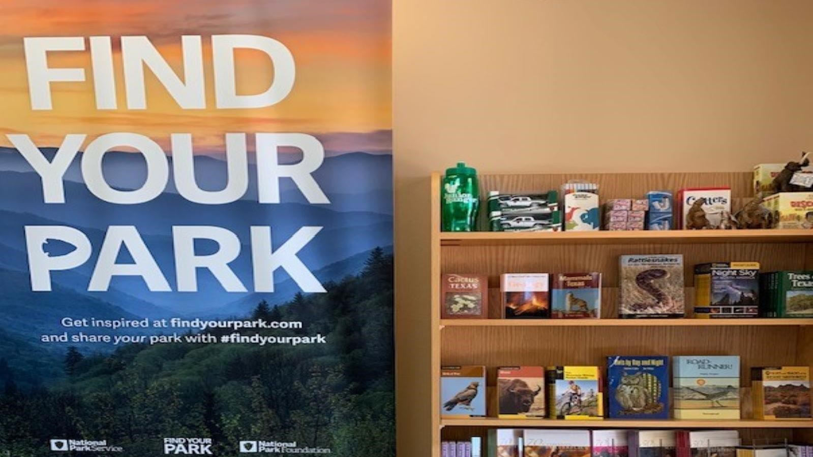 A display of books in the park store.  There are also gifts available 