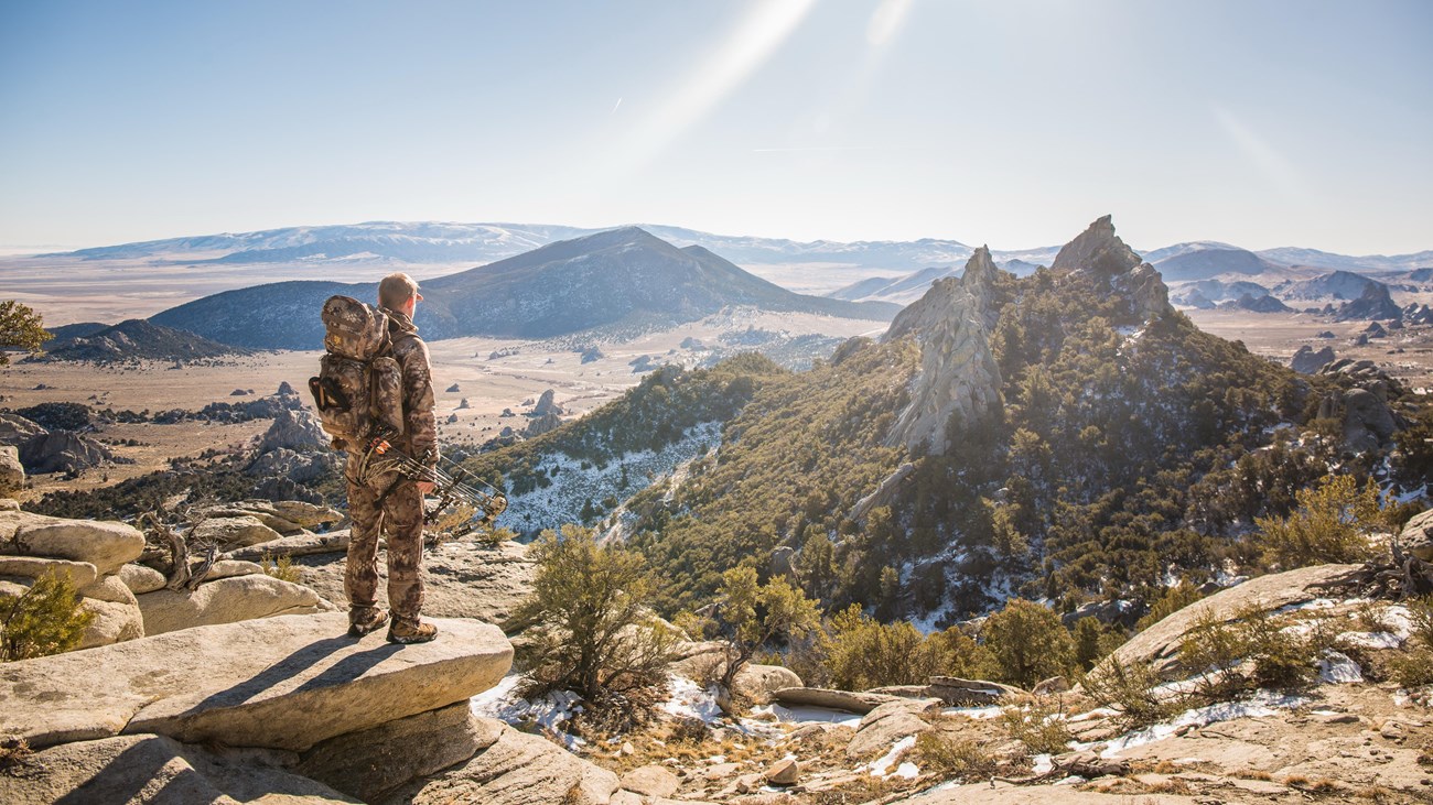 A man wearing camouflaged clothing with a bow and arrows on his back takes in a grand view.