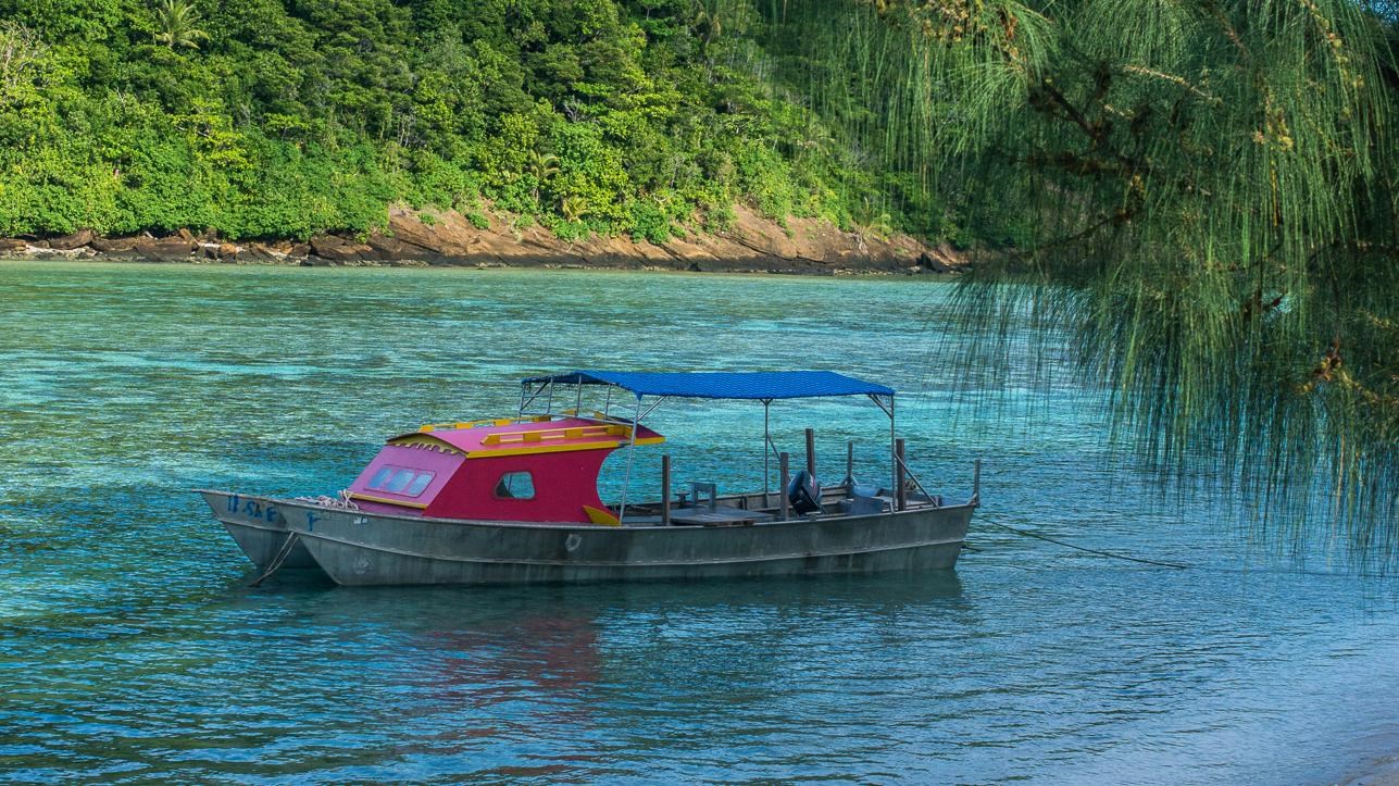 A red and silver boat with a blue canopy sits in shallow waters between a beach and a lush island.