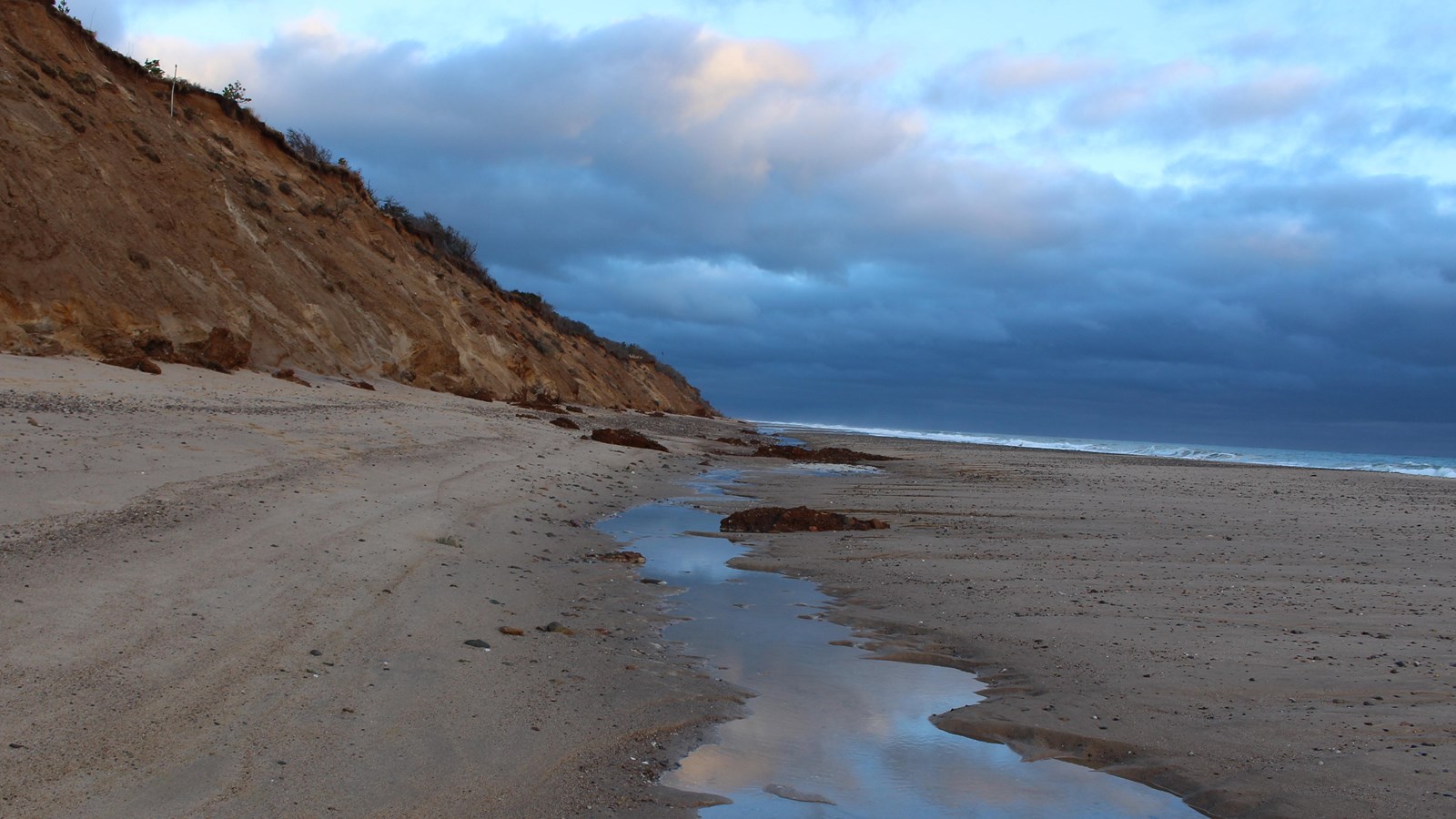 A bronze-colored bluff backs an open beach at low tide with the sky reflected in a rivulet of water.