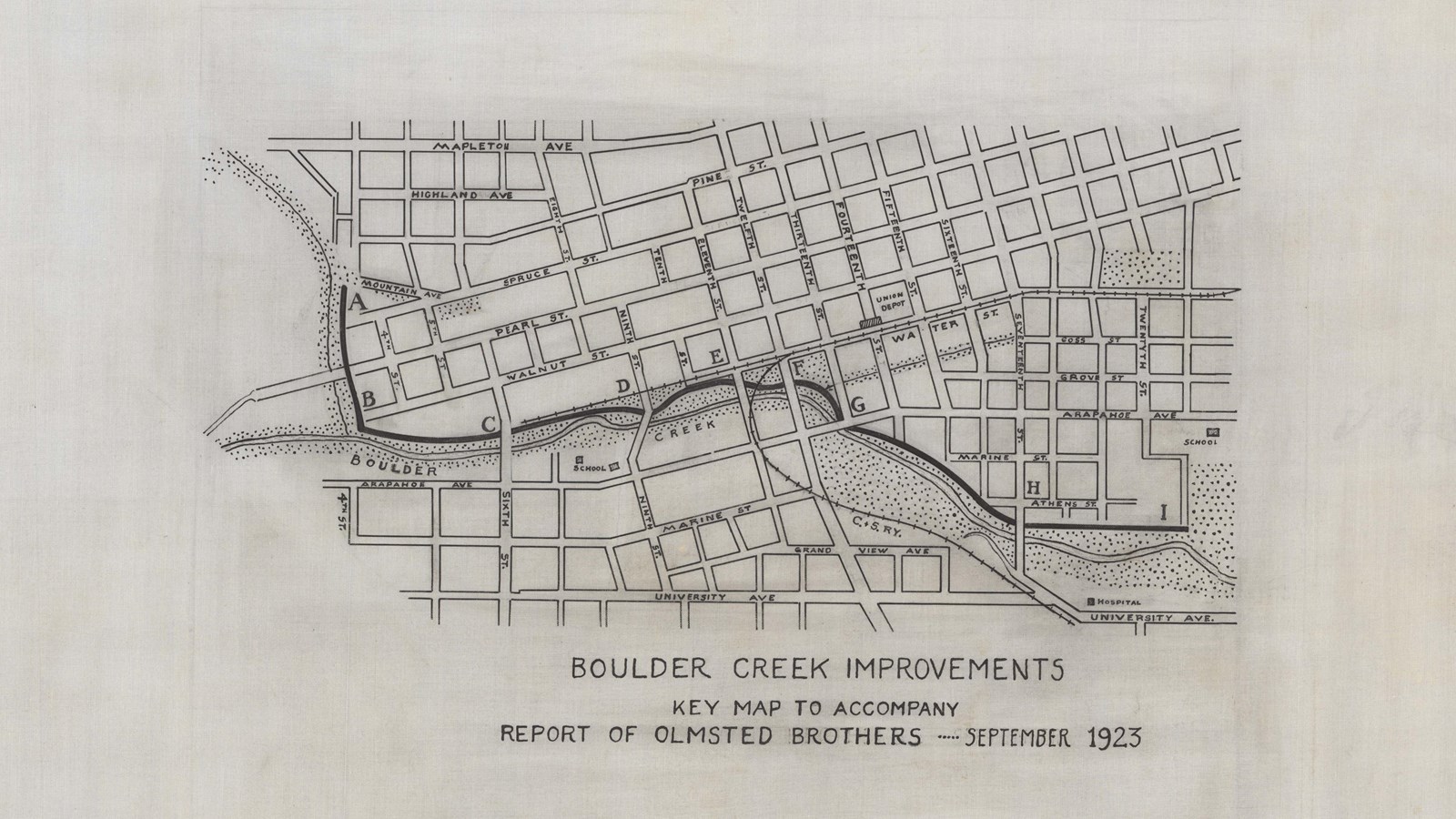 Pencil drawing of curving creek cutting through grid like city streets 
