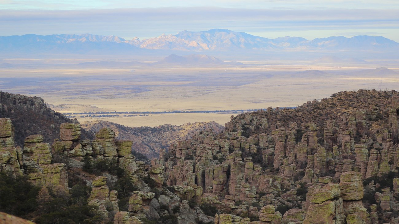 Scenic overview of rock pinnacles and mountains
